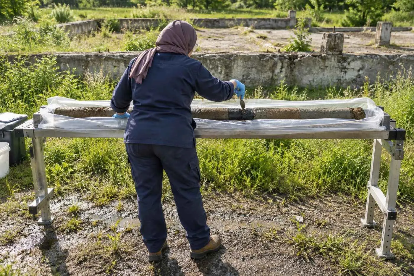 Environmental consultant closely checks a dark band in a shallow soil core beside a commercial redevelopment parcel.