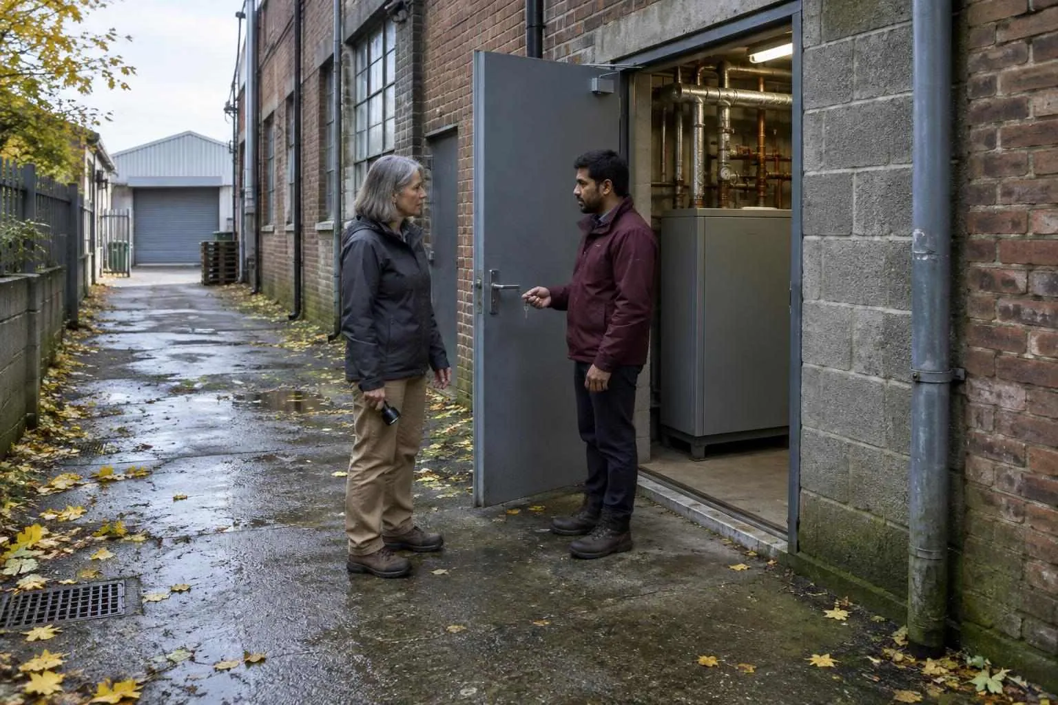 A developer holds a key beside an open utility room as an environmental consultant illuminates the floor inside.