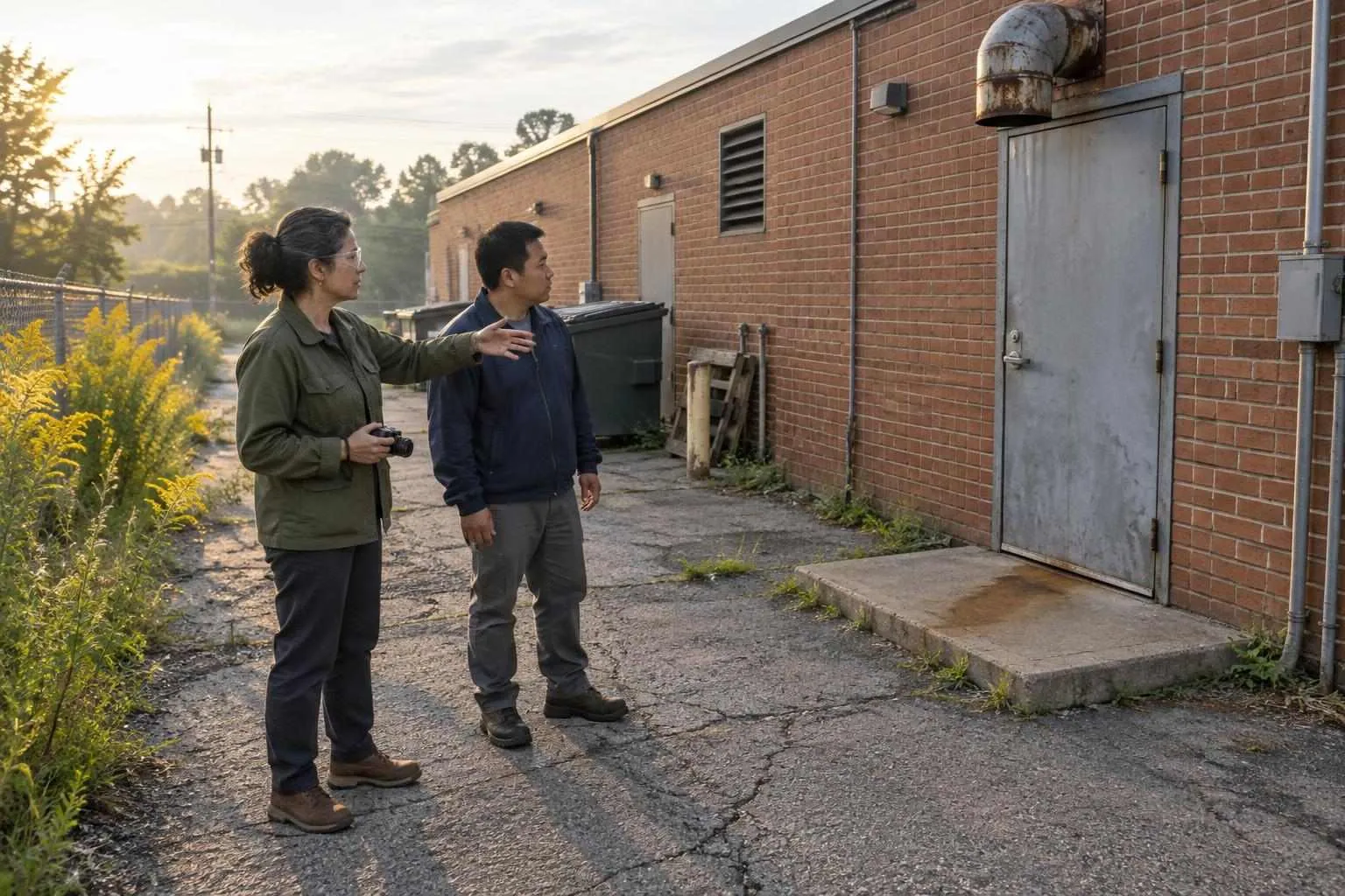 An environmental consultant and a developer stand in a rear service lane, studying the back door and vent duct of a brick unit.