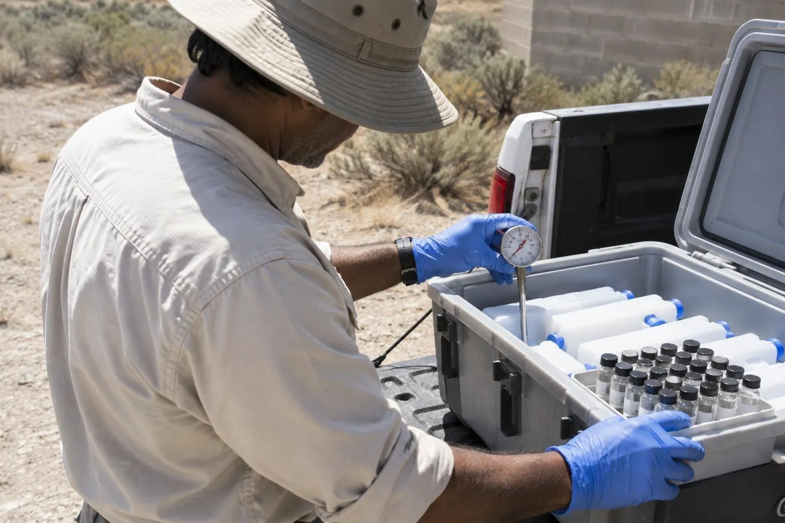 Consultant slides a dial thermometer into an ice-packed cooler beside a tray of capped sample vials on a pickup tailgate.